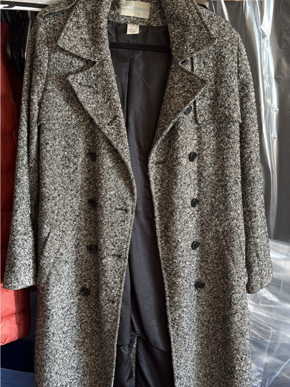 Gray Tweed Double-Breasted Trench Coat